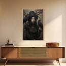 The Witch and Her Ravens, Framed Canvas, Oil Painting Print, Halloween Decor, Gothic Art, Dark Academia, Witchcraft Halloween Art