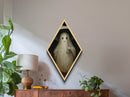 Charming Ghost with Umbrella Canvas Embossed Print for Halloween Decor, Dark Academia Style Diamond Shaped Art with Cozy Haunting