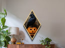Macabre Crow Atop A Jack O Lantern, Canvas Textured Print, Halloween Decor, Raven Painting, Victorian Oil Painting Print, Macabre Horror Print