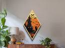 Black cat and jack-o-lantern tower Canvas Embossed Print with full moon, spooky trees, and Diamond Shaped Art Halloween vibe