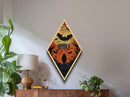 Dark silhouette wolf under glowing moon Canvas Embossed Print with Halloween bats and creepy forest in Diamond Shaped Art shape
