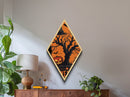 Grinning black cat in twisted tree Canvas Art Print with jack-o-lanterns and spooky vintage Diamond Shaped Art Halloween