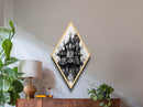 Haunted mansion with crooked tower Canvas Embossed Print in vintage horror style and chilling Diamond Shaped Art