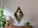 Smiling ghost with pumpkin face holding torch in woods Diamond Shaped Art Canvas Embossed Print whimsical Halloween spooky art