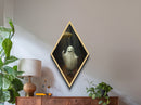 Cute Smiling Ghost in Misty Woods Diamond Shaped Art with Umbrella Dark Academia Aesthetic Canvas Embossed Print Halloween Wall Art