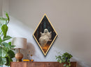 Diamond Shaped Art ghost on swing in haunted forest, Halloween Canvas Embossed Print with gothic autumn aesthetic and jack-o-lanterns