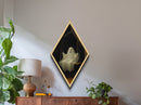 Gothic Diamond Shaped Art featuring smiling ghost on rope swing, moody Victorian Halloween Canvas Art Print in spooky forest