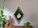 Cozy ghost swinging over forest pond in moonlight glow, Diamond Shaped Art Halloween Canvas Art Print with enchanted fall forest