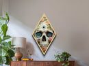 Blue Flower Eyed Skull Diamond Shaped Art, Floral Goth Canvas Embossed Print with Pastel Horror Vibes and Dark Academia Decor