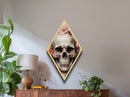 Diamond Shaped Art Featuring Cracked Skull Surrounded by Flowers, Creepy Romantic Canvas Embossed Print with Gothic Flair