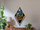 Victorian Haunted Mansion at Dusk Diamond Shaped Art Canvas Embossed Print with glowing windows gothic Halloween decor