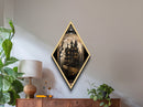 Spooky Gothic House in the Woods Diamond Shaped Art Canvas Art Print with bats, dead trees, and eerie lighting Halloween aesthetic