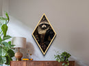 Dark academia raccoon Diamond Shaped Art in corseted black dress, floral crown, Canvas Art Print Victorian Halloween animal portrait