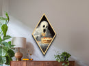 Ghost Devouring Cake Painting Diamond Shaped Art Canvas Embossed Print Spooky Cute Halloween Surreal Macabre Kitchen Decor