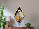Hungry Ghost with Cake Painting Diamond Shaped Art Canvas Embossed Print Halloween Kitchen Decor Spooky Whimsical Gothic Style