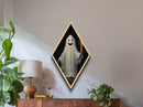 Cute Ghost Is Tryin' His Best To Be Spooky, Diamond Shaped Canvas Embossed Halloween Art, Spooky Season Decor