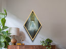 Diamond Shaped Art Ghost at Window Canvas Embossed Print, Dark Academia Halloween Wall Decor, Gothic Spirit in Haunted House Scene