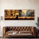 The Cat In The Cafe, Framed Canvas Print, Black Cat Painting Framed Wall Art, Cat Lover Gift