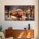 Retro Red Trolley Car Decorated For Christmas, Framed Canvas Print, Christmas Wall Art, Christmas Decor Mom Christmas Gift Christmas Village