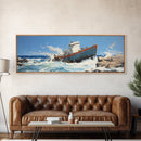 Man Vs. Ocean, Tugboat Crashing On The Rockets, Framed Canvas Print, Nautical Decor, Nautical Centerpiece