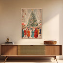 Large Christmas Tree in Snowy Town Square with People Gathering for the Holidays, Framed Canvas Print for Christmas Wall Art