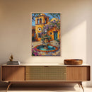 Tall Art Framed Canvas Print Featuring Mexican Style Courtyard Fountain And Vibrant Architecture