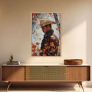 Rustic Cowboy Holiday Art Framed Canvas Print with Falling Leaves, Perfect Autumn Decor and Seasonal Gift Idea 2024