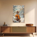 Cowboy in Snowy Orchard Canvas Print with Frosty, Christmas Wall Art Gift, Seasonal Decor, Winter Wonderland, Holiday Decor, Canvas Print