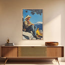 Cowboy Resting by the Fire Canvas Print, Winter Mountain Scene, Seasonal Wall Art, Rustic Western Decor, Holiday Gift, Framed Canvas Print