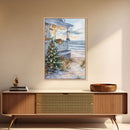 Coastal Christmas Tree Framed Canvas Print, Festive Holiday Decor Tree Beach and Ocean View, Nautical Wall Art Tropical Christmas Decor