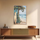 Surf Shack Christmas Framed Canvas Print, Beachfront Holiday Scene with Decorated Tree Surfboard, Coastal Wall Art Tropical Christmas Decor