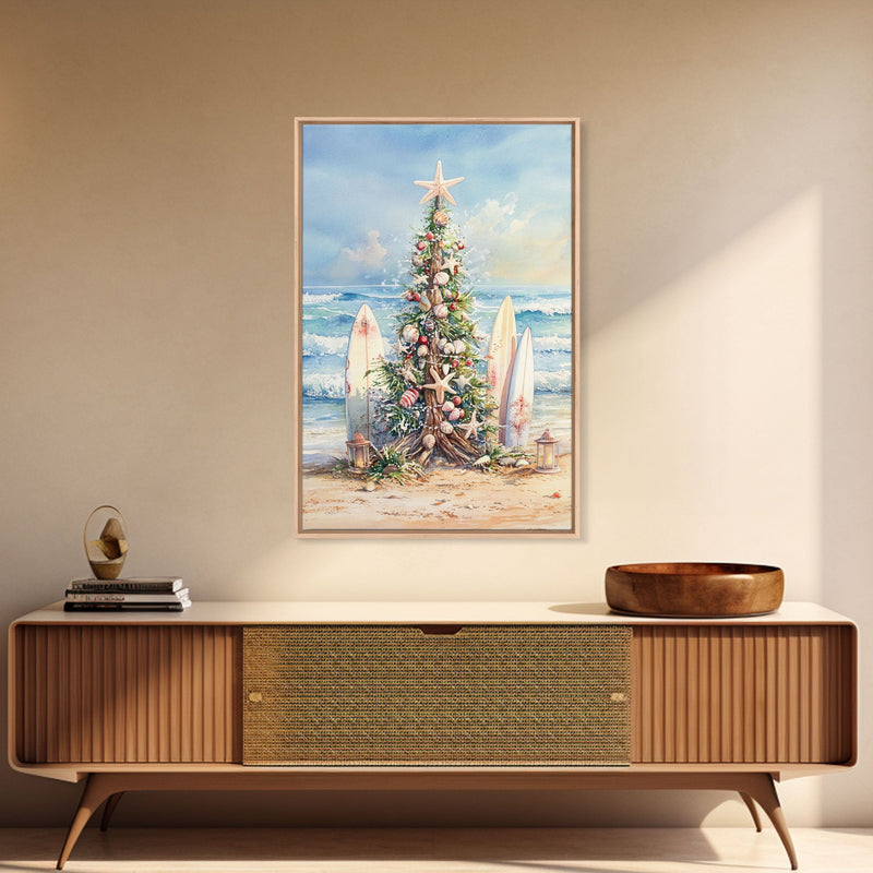 Coastal Christmas tree with surfboards at the beach Framed Canvas Prin