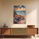 Sunset beach picnic with holiday lights and candles, coastal Christmas decor Framed Canvas Print, perfect tropical holiday art idea