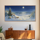 Christmas Tree on Snowy Beach with Full Moon, Framed Canvas Print, Coastal Christmas Art, Nautical Holiday Decor, Winter Wonderland, Beach
