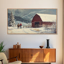 Winter On The Farm, Barn Painting, Framed Canvas Print, Primitive Farmhouse Decor, Christmas Decor, Winter Wonderland Rustic Winter Wall Art