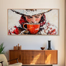 Cowboy in forest with burning fire, deep autumn hues, Framed Canvas Print, moody landscape, fall western art, rustic wall piece, wall decor