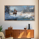 Cowboy riding horse through vibrant autumn forest, Framed Canvas Print, tall fall wall art, rustic western decor, moody landscape