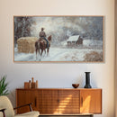 Autumn-themed Framed Canvas Print of a cowgirl in a pumpkin patch surrounded by vibrant fall leaves, seasonal decor and cozy fall accents