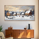 Snowy Village Church Scene, Rustic Christmas Landscape Wall Art, Winter Wonderland Framed Canvas Print, Country Holiday Home Decor
