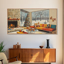 Mid century modern Christmas scene with fireplace and tree, retro Christmas decor, framed canvas print, 1960s Christmas home decor