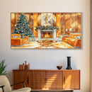 Luxurious Christmas Living Room Framed Canvas Print, Golden Holiday Decor with Christmas Tree and Fireplace Winter Wall Art