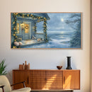 Rustic snowy mountain cabin with Christmas lights, Framed Canvas Print a cozy winter scene, perfect for winter wonderland wall decor