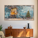 Rustic urban Christmas wall art with a glowing window and decorated tree, framed canvas print perfect seasonal decor, winter holiday display