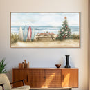 Surfboards and decorated tree on the beach, framed canvas print perfect coastal Christmas vacation decor holiday wall art