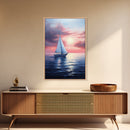 Vaporwave Sail Boat at Sunset, Framed Canvas Print, Retro Sail Boat Painting
