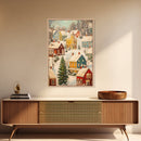 Retro Christmas Village Wall Art For Above Mantle, Framed Canvas Print, Christmas Home Decor, Christmas Wall Art, Christmas Postcard Art