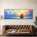 Japanese Sailboat on a Calm Sea, Framed Canvas Print, Panoramic Seascape Landscape Painting, Nautical Home Decor, Ocean Painting