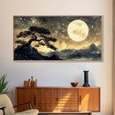 Bonzai Tree Under a Full Moon, Framed Canvas Print Ready To Hang, Minimalist Wabi Sabi Japanese Style Artwork, Above Sofa Wall Art, Home Decor