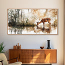 Young Doe Drinking Water In The Forest Framed Canvas Print, Painting of a Deer drinking Water, Gift for Hunter, Outdoorsman Gift, Cabin Art