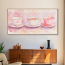 Vintage Tea Cups Artwork with Pink Wall Art Vibes on Framed Canvas Print, Cottagecore Style Kitchen or Dining Room Decor Gift